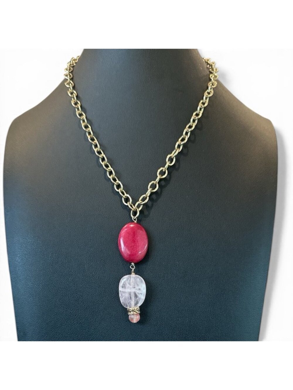 Studio BARSE Signed Natural Gemstone Pendant Necklace Pink Quartz Red Rhodonite